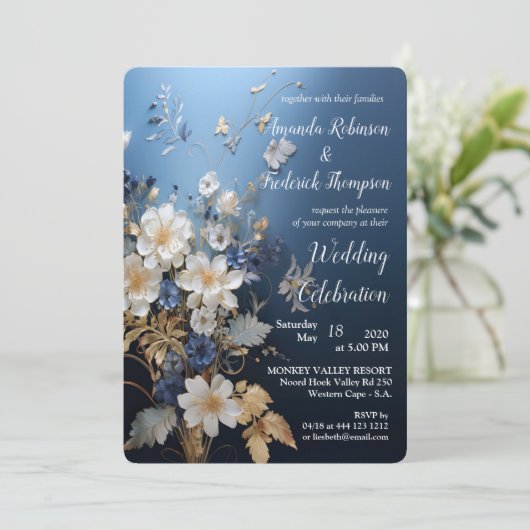 Zachte Blauwe, Witte Bloemen & Gouden bladeren Kaart (Staand voorkant)