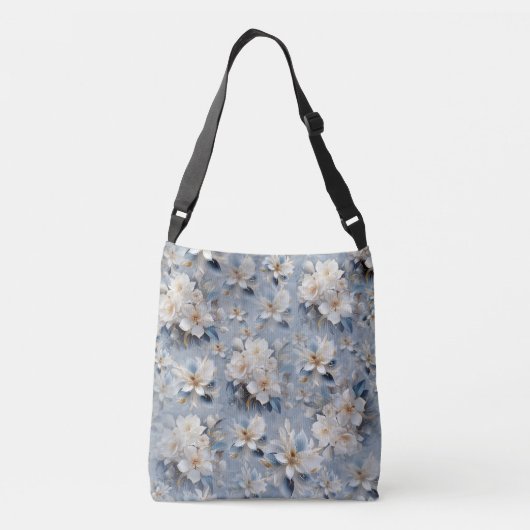 Zachte blauwe, witte en gouden bloemen op zijde crossbody tas (Achterkant)