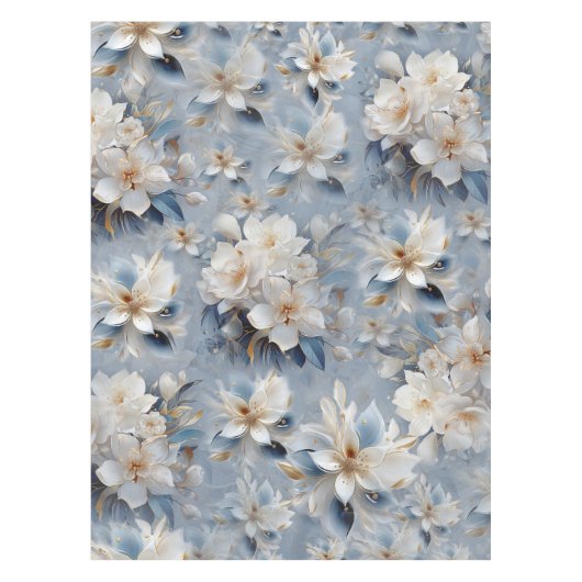 Zachte blauwe, witte en gouden bloemen op zijde tafelkleed (Voorkant)