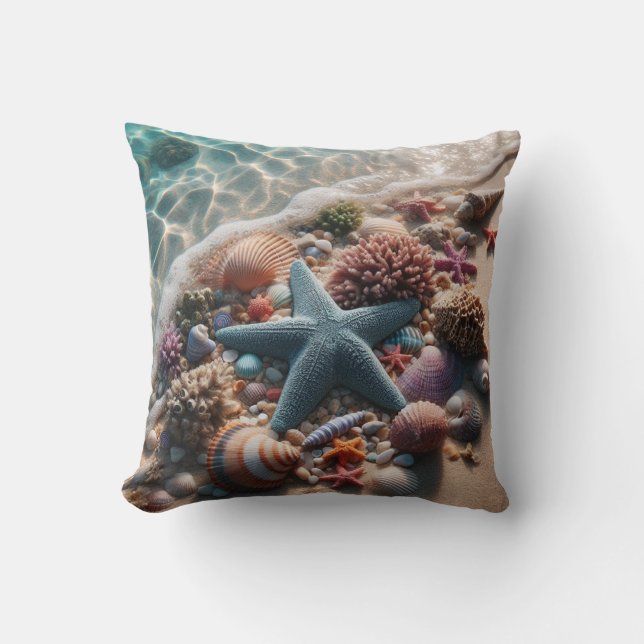 Zachte Blauwe Zeester Schelpen Strand  Kussen (Voorkant)