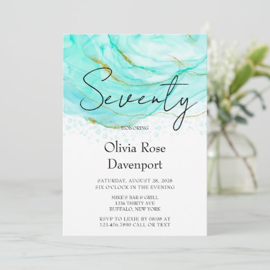 Zachte Blauwgroen en Gold Alcohol Ink 70e verjaard Kaart (Staand voorkant)