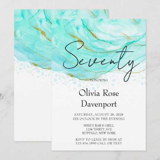Zachte Blauwgroen en Gold Alcohol Ink 70e verjaard Kaart (Voorkant / Achterkant)