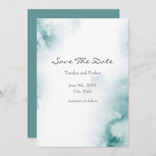 Zachte Blauwgroen Waterverf Abstract Lijst Save The Date (Voorkant / Achterkant)