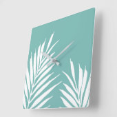 Zachte Blauwgroen witte palmbladeren Vierkante Klok (Hoek)