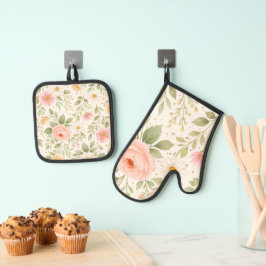 Zachte Bloem Waterverf Patroon Ovenwant & Pannenlap Set