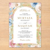 Zachte Bloemen Gouden Boog Moslim Huwelijk Acryl Uitnodigingen (Voorkant)