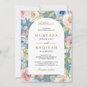 Zachte Bloemen Gouden Boog QR Code Blauw Moslim Br Kaart (Voorkant)