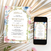 Zachte Bloemen Gouden Boog QR Code Moslim Bruiloft Kaart
