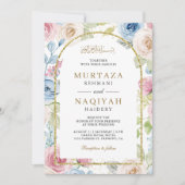 Zachte Bloemen Gouden Boog QR Code Moslim Bruiloft Kaart (Voorkant)