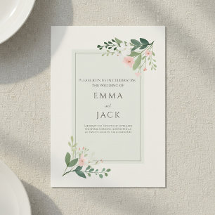 Zachte Bloemen Hoeken Groen Beige Elegante bruilof Kaart