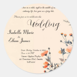 Zachte bloemen romantische bruiloft uitnodiging on ronde sticker
