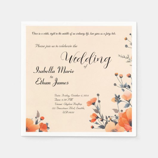 Zachte bloemen romantische bruiloft uitnodiging on servet (Voorkant)