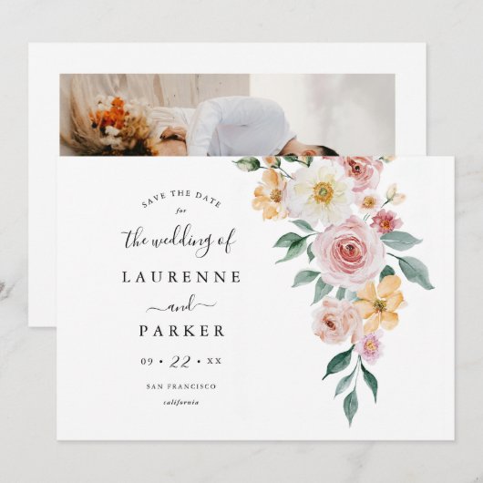 Zachte Bloemen Save the Date Foto Kaart Uitnodigin (Voorkant / Achterkant)