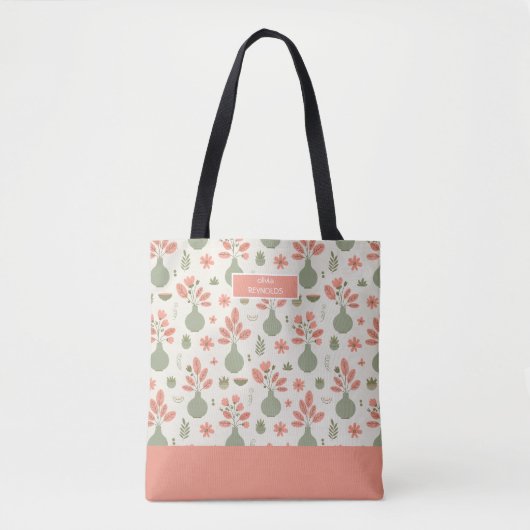 Zachte Bloemen Vaas Patroon met Naam Tote Bag (Voorkant)