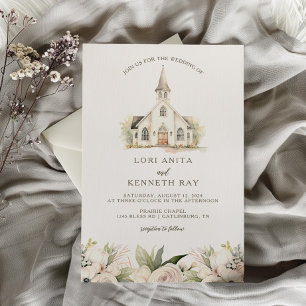Zachte bloemen & vintage kerk kapel bruiloft kaart