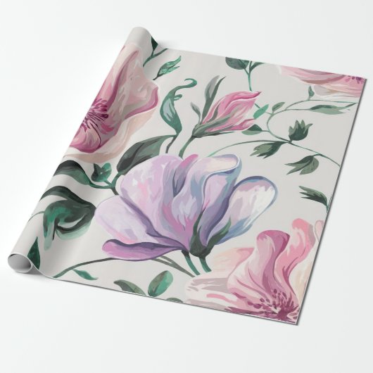 Zachte Bloemen Waterverf Gift Wrap Cadeaupapier (Uitgerold)