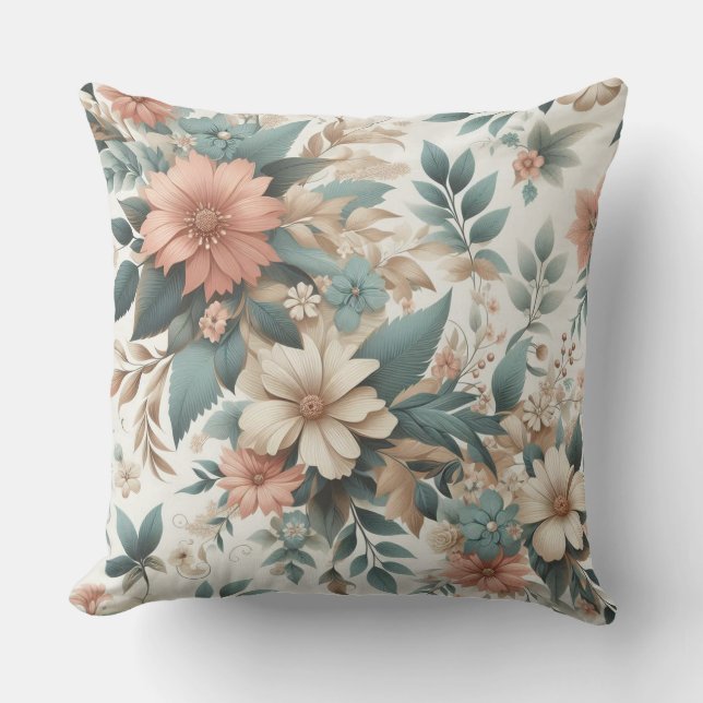 Zachte bloemenperzik blauwgroen  patroonontwerp kussen (Voorkant)