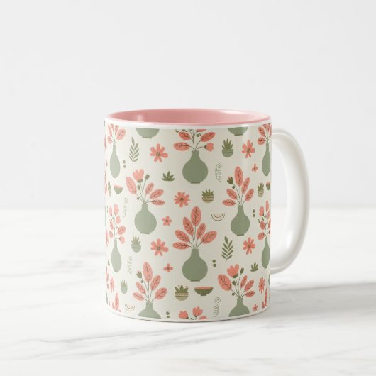 Zachte bloemenvaas patroon - Blush roze accent Tweekleurige Koffiemok (Voorkant rechts)