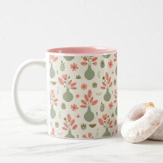 Zachte bloemenvaas patroon - Blush roze accent Tweekleurige Koffiemok