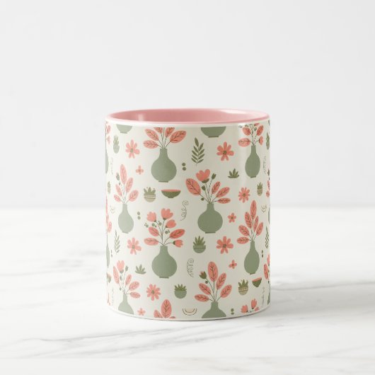 Zachte bloemenvaas patroon - Blush roze accent Tweekleurige Koffiemok (Center)
