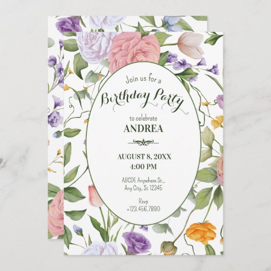 Zachte bloemenverjaardag kaart (Voorkant / Achterkant)