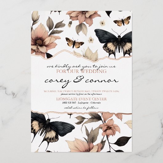 Zachte bloemenvlinders folie uitnodiging (Voorkant)