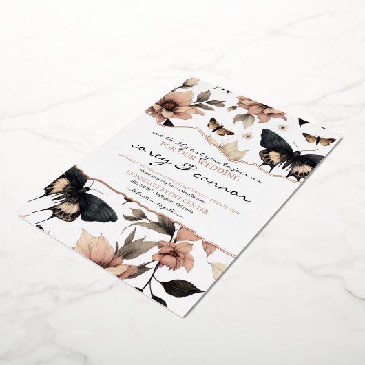 Zachte bloemenvlinders folie uitnodiging (Gedraaid)