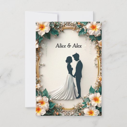 🌸 Zachte bloemframe Romantische koppelsilhouet Save The Date (Voorkant)