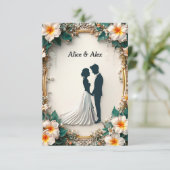 🌸 Zachte bloemframe Romantische koppelsilhouet Save The Date (Staand voorkant)
