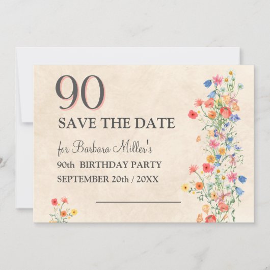 Zachte Bloemige 90e Verjaardagsfeestje Save The Date (Voorkant)