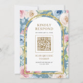 Zachte Bloemige Gouden Boog QR Code Blauwe Moslim Kaart (Achterkant)