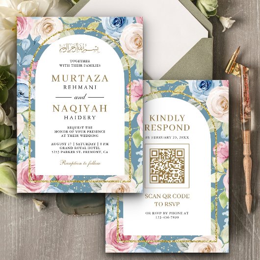 Zachte Bloemige Gouden Boog QR Code Blauwe Moslim Kaart