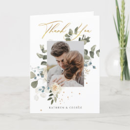 Zachte bloemige gouden botanische blad bruiloft fo bedankkaart