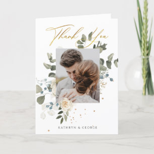 Zachte bloemige gouden botanische blad bruiloft fo bedankkaart