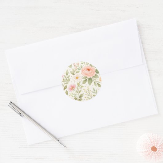 Zachte Bloemige Waterverf Patronen   Ronde Sticker (Envelop)