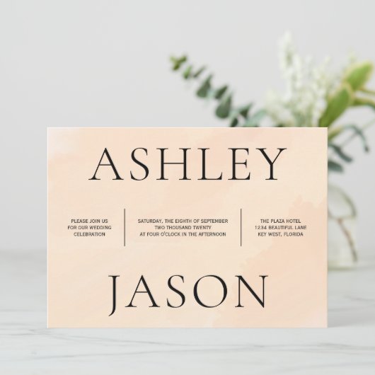 Zachte Blush Abrikoos Waterverf bruiloft uitnodigi Kaart (Staand voorkant)