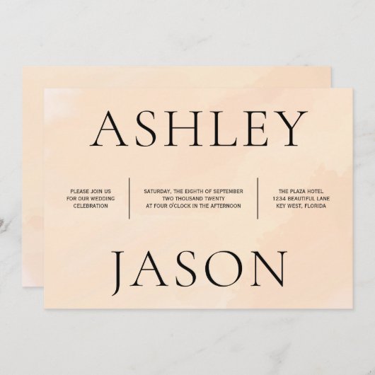 Zachte Blush Abrikoos Waterverf bruiloft uitnodigi Kaart (Voorkant / Achterkant)