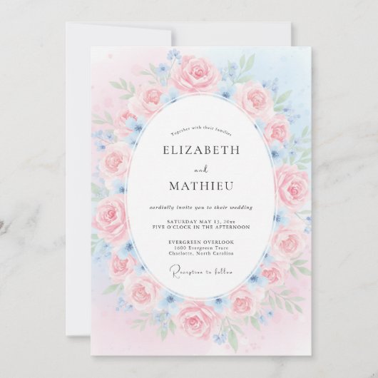 Zachte Blush Azure Bloem Huwelijk Kaart (Voorkant)