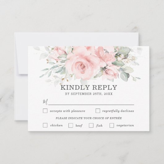 Zachte Blush Bloemen Bruiloft Maaltijd Keuze RSVP  (Voorkant)