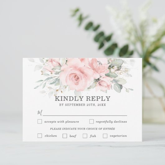 Zachte Blush Bloemen Bruiloft Maaltijd Keuze RSVP  (Staand voorkant)