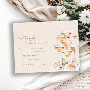 Zachte Blush Bloemen Champagne wijnglazen bruiloft RSVP Kaartje