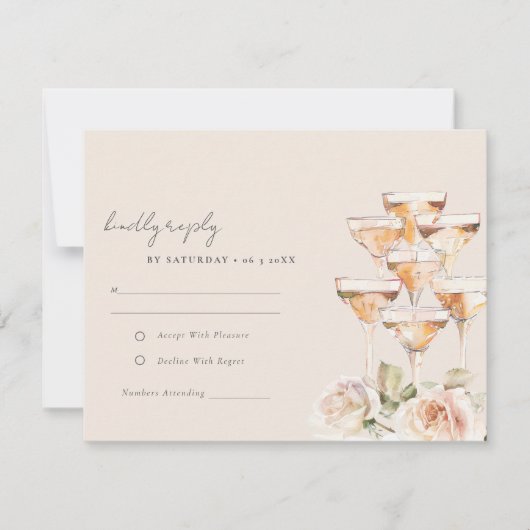 Zachte Blush Bloemen Champagne wijnglazen bruiloft RSVP Kaartje (Voorkant)