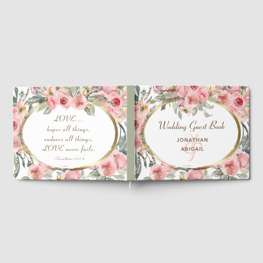 Zachte Blush Bloemen Goud Lijst Christelijke Bruil Gastenboek (Volledig)
