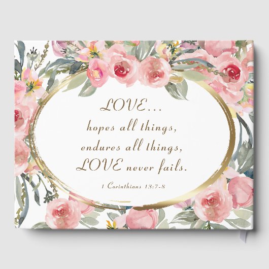 Zachte Blush Bloemen Goud Lijst Christelijke Bruil Gastenboek (Achterkant)