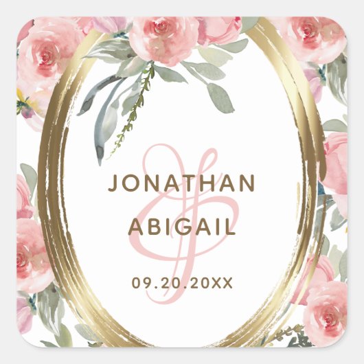 Zachte Blush Bloemen Goud Lijst Waterverf Bruiloft Vierkante Sticker (Voorkant)