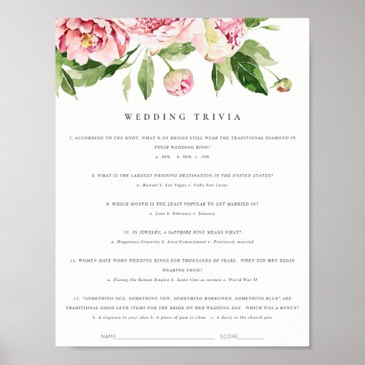Zachte Blush Bloemen Pioen Bruiloft Trivia Spel De Poster (Voorkant)