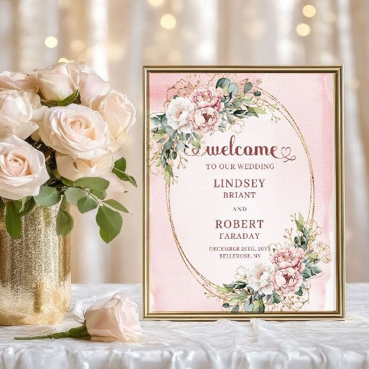 Zachte Blush Bloemige Eucalyptus Trouw Welkom Bord Poster