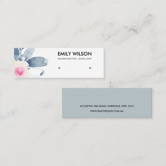 ZACHTE BLUSH BLUE FLORAL STUD EARRING DISPLAY LOGO MINI VISITEKAARTJE (Voorkant / Achterkant)
