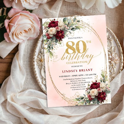 Zachte Blush Boho Bloemige 80ste Verjaardagsfeest Kaart