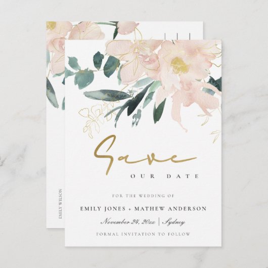 ZACHTE BLUSH FLORAL BUNCH WATERVERF BEWAREN DE DAT AANKONDIGINGSKAART (Voorkant / Achterkant)